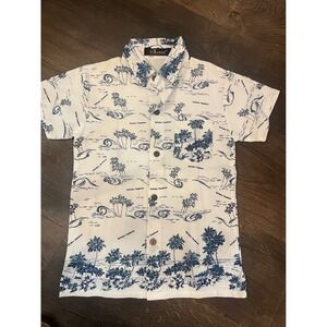 Baron Kids Button Up Shirt Palm Tree Ocean Print White‎ Blue Size 4